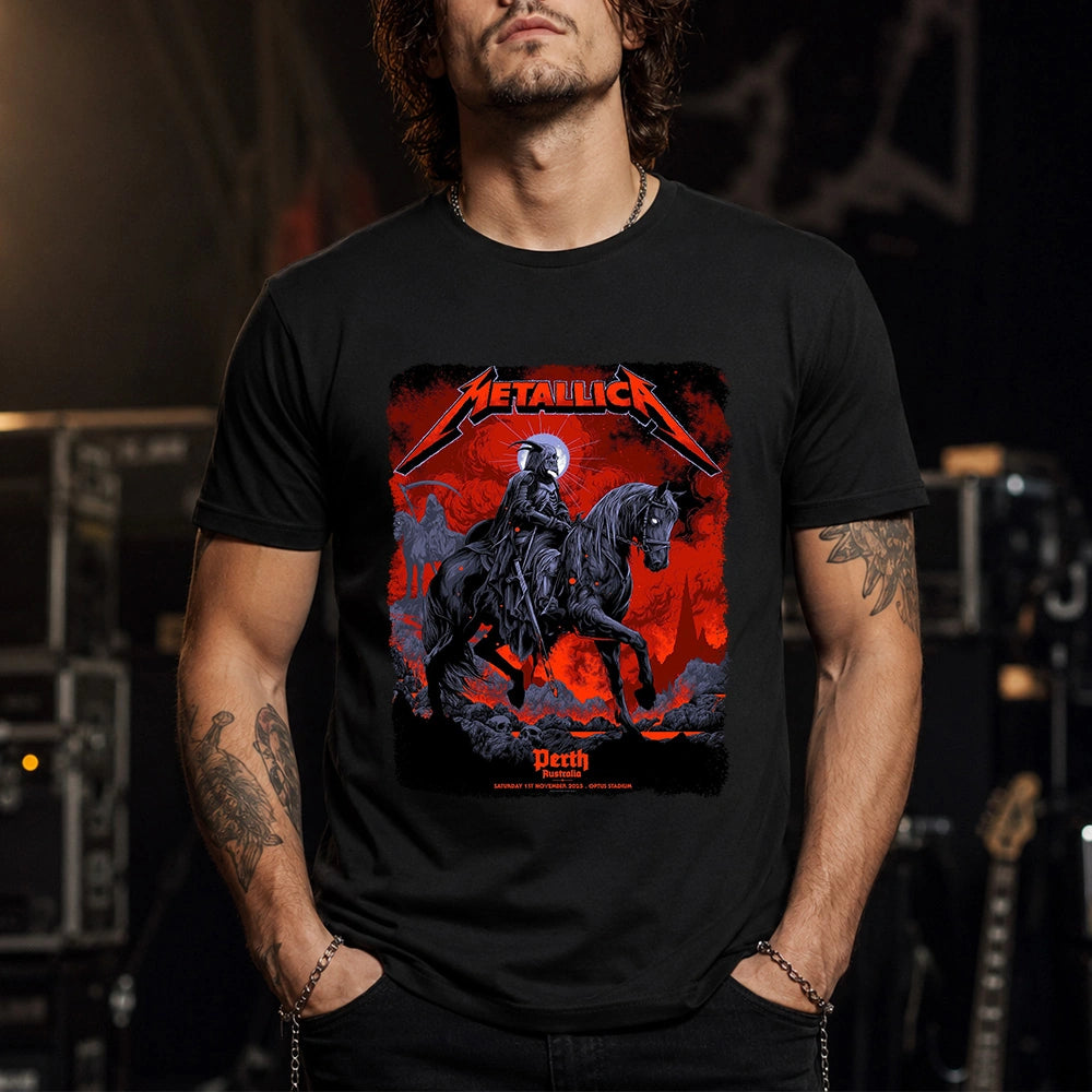 Metallica M72 World Tour November 1 2025 Optus Stadium Perth Australia T-shirt by Ken Taylor featuring a skeletal rider on a black horse, ghostly scythe rider, red smoke, skulls, rocks and Perth event text.
